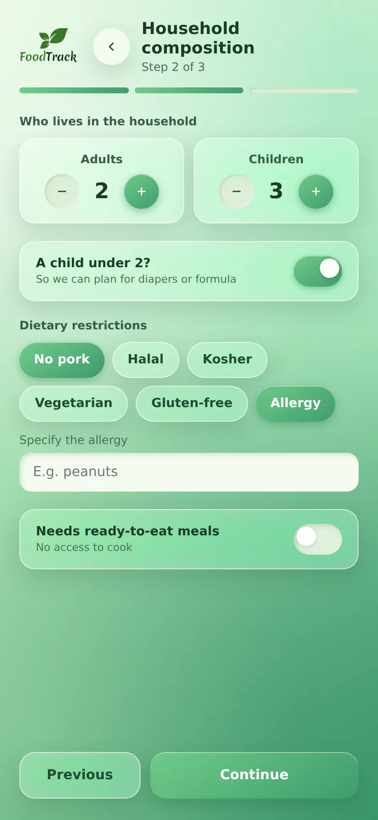 Etapa 2 de 3 do cadastro: composição da família com adultos e crianças, criança menor de 2 anos, restrições alimentares como sem porco, halal, kosher, vegetariano e alergias, e necessidade de refeições prontas.