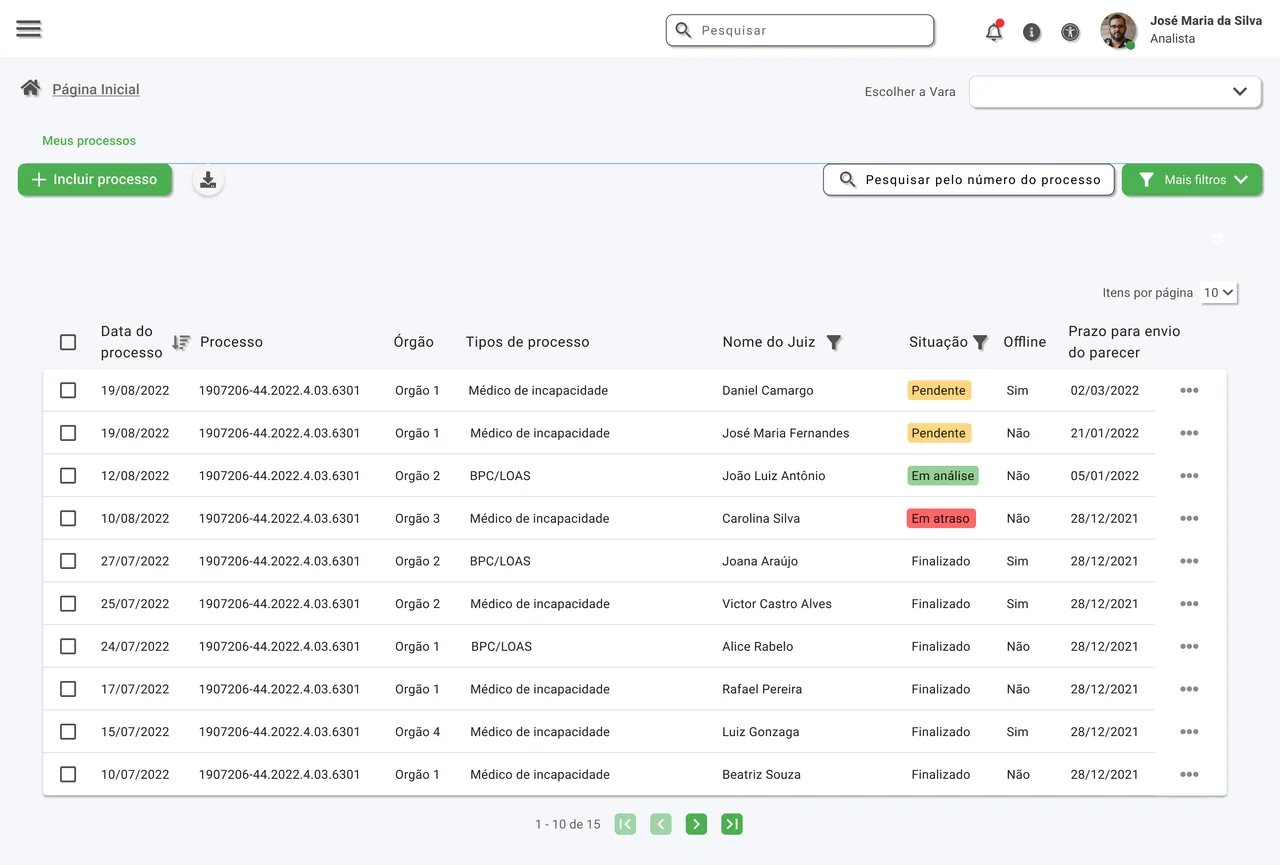 Painel de gestão processual: tabela de processos com filtros, busca por número e badges coloridos de situação como Pendente, Em análise e Em atraso.