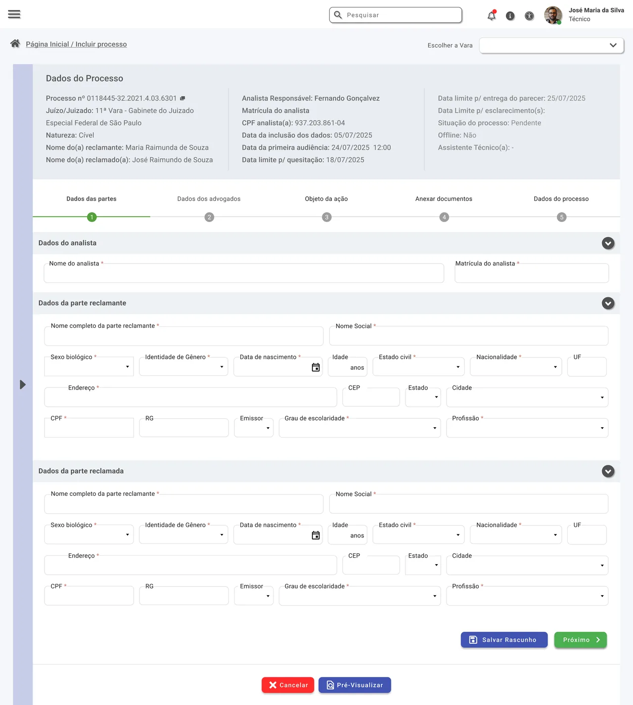 Novo formulário de inclusão: resumo do processo no topo, indicador de etapas e blocos colapsáveis para os dados das partes, com botões Salvar rascunho e Próximo.