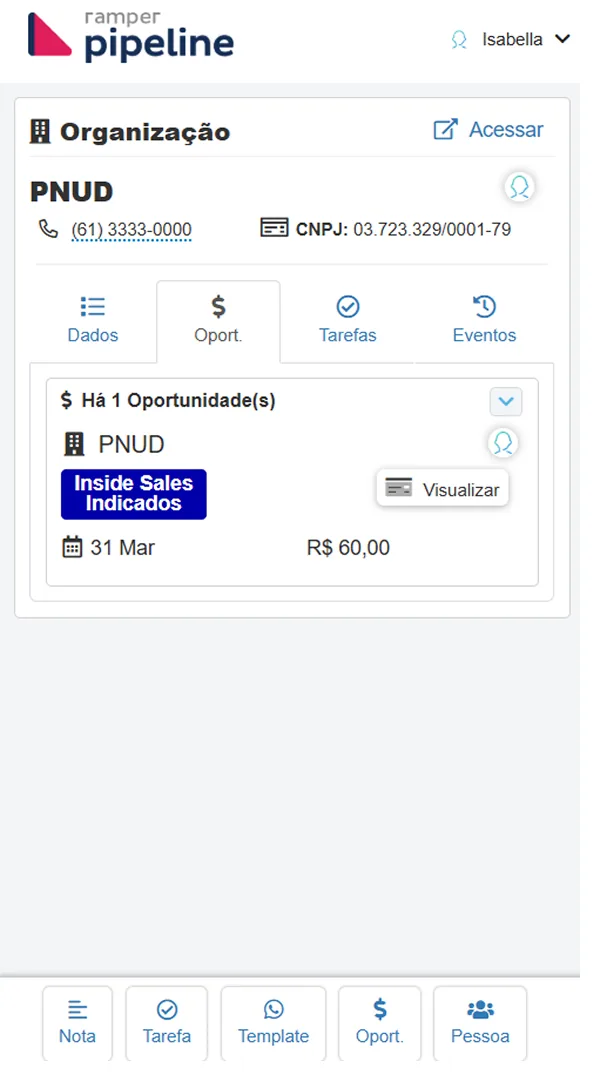 Visualização anterior de oportunidades: card da organização com abas e um resumo compacto de uma única oportunidade.