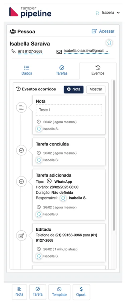 Linha do tempo anterior de eventos da pessoa, misturando notas, tarefas e edições em cards empilhados.