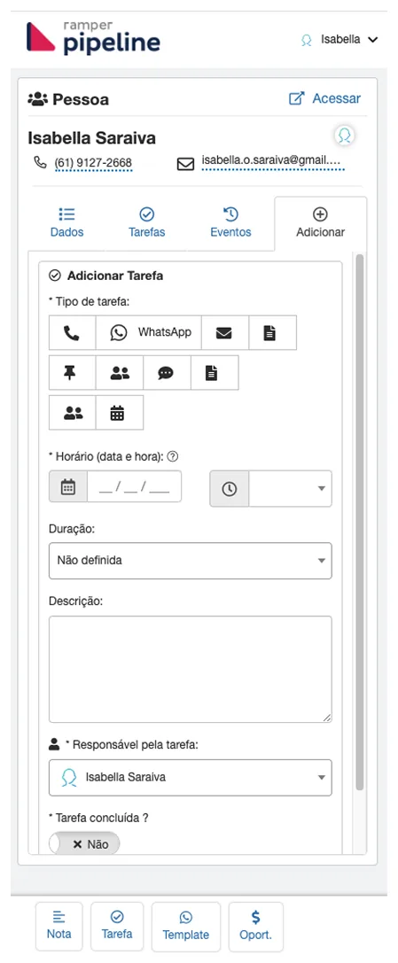 Tela anterior de Adicionar Tarefa com grade de ícones de tipo de tarefa e campos de horário, duração e descrição.