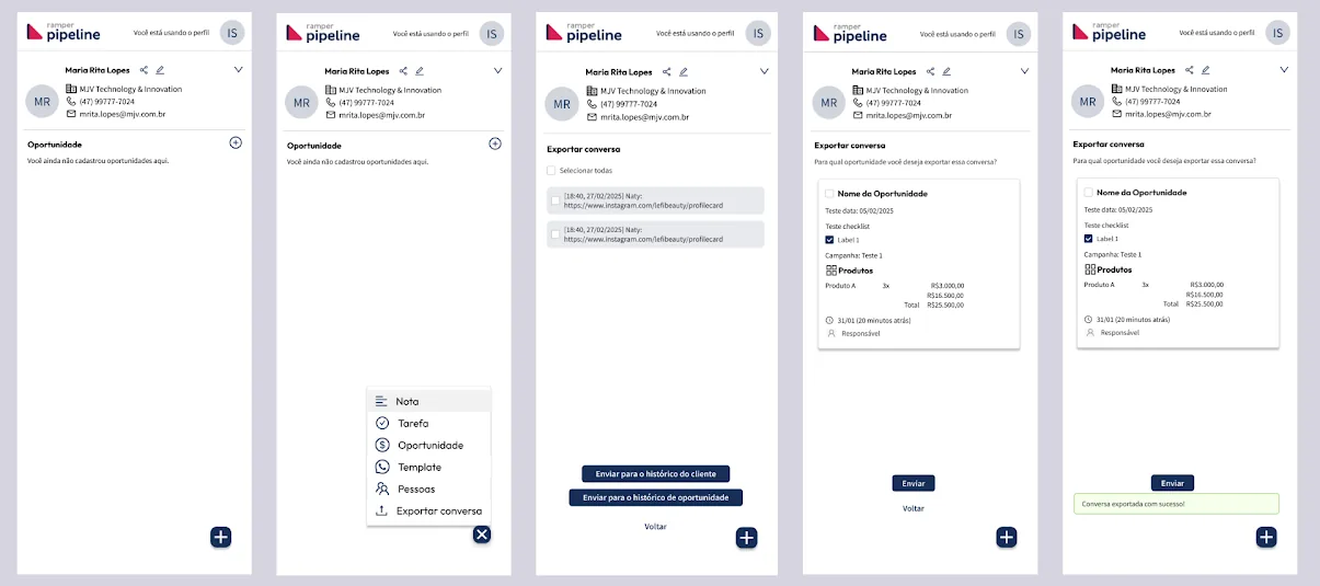 Cinco telas da extensão Ramper Pipeline em sequência, mostrando o novo fluxo de exportar uma conversa do WhatsApp para o histórico de uma oportunidade, até a mensagem de sucesso.