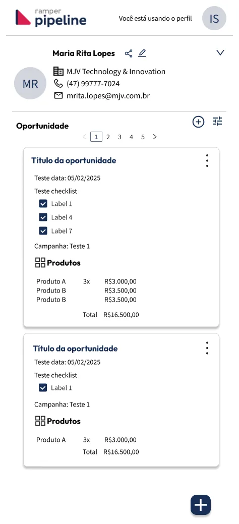 Nova visualização de oportunidades: contato no topo e lista paginada de cards de oportunidade com checklist, campanha e produtos com valores.