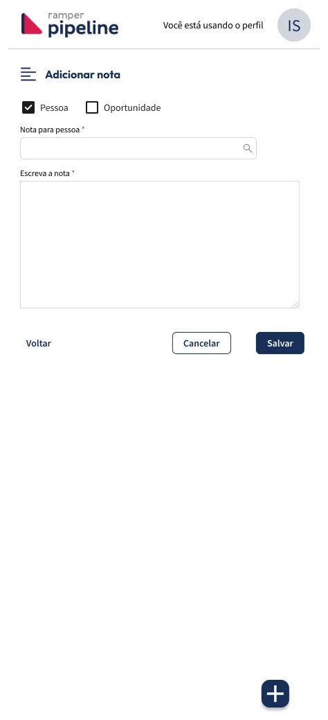 Nova tela de Adicionar nota: vincular a Pessoa ou Oportunidade, buscar o destino e escrever a nota.