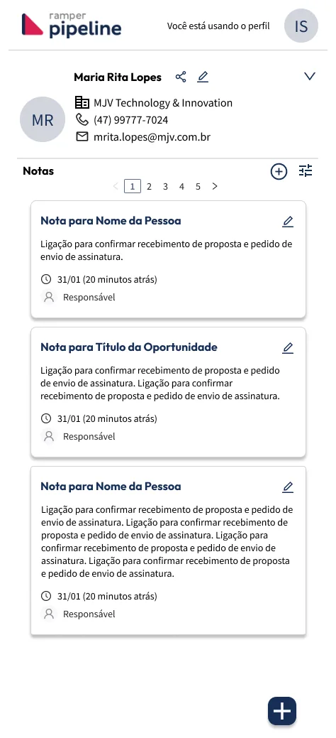 Nova lista de notas: cards paginados com título, texto, data e responsável, e ações de filtro e adicionar.