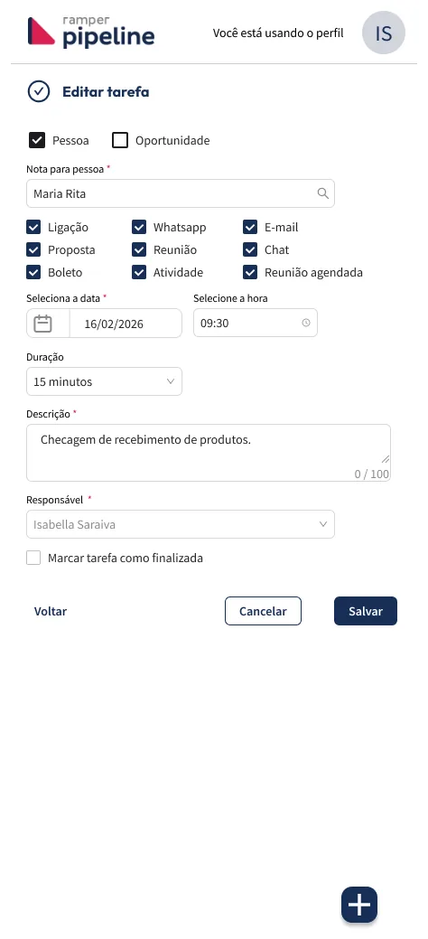 Nova tela de Editar tarefa: vínculo com pessoa, tipos de tarefa em caixas de seleção nomeadas, data, hora, duração, descrição e responsável.